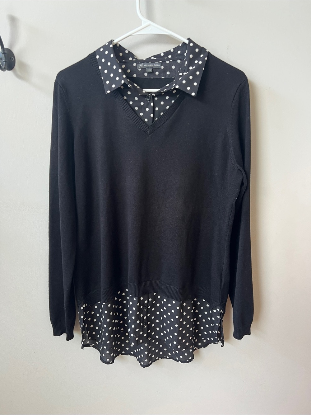 Adrianna Papell Black Polka Dot Layered-Look Sweater Top